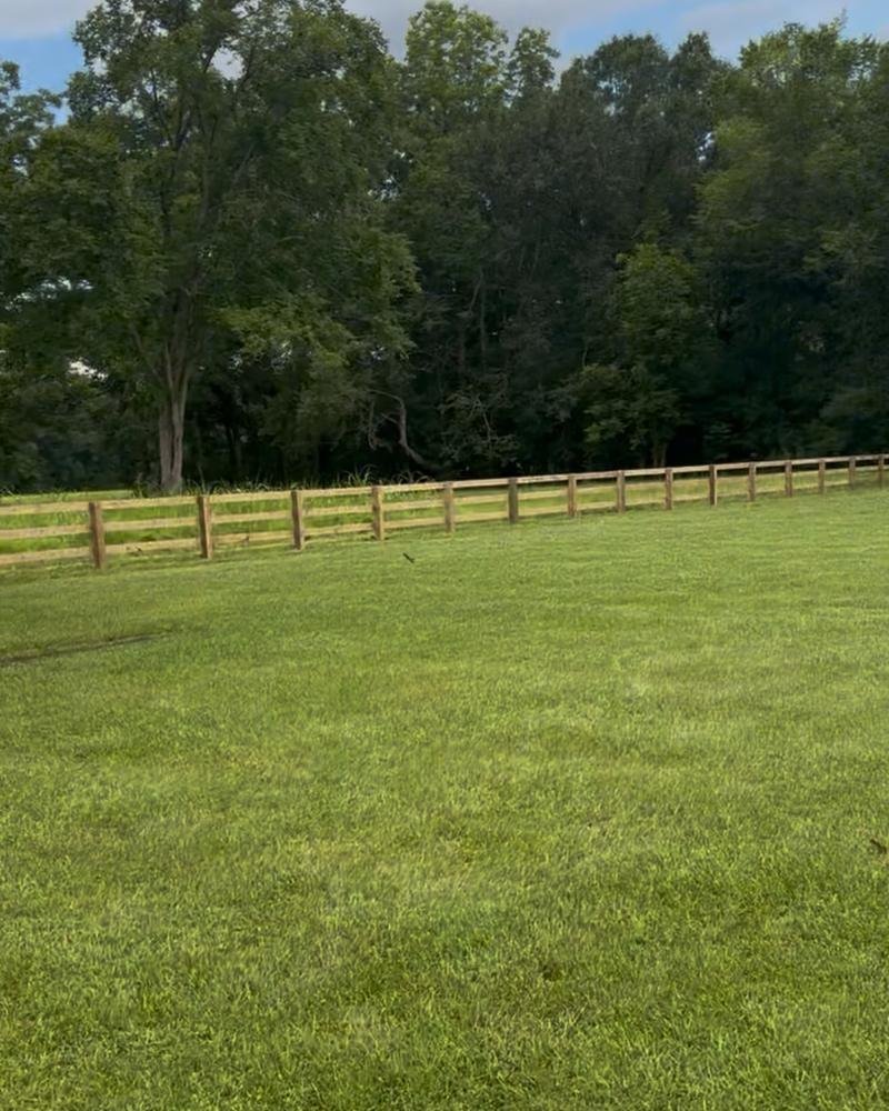 Ranch-style board fence across an open green field